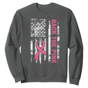Back The Pink Ribbon Breast Cancer Awareness Sweatshirt American Flag TS10 Dark Heather Print Your Wear