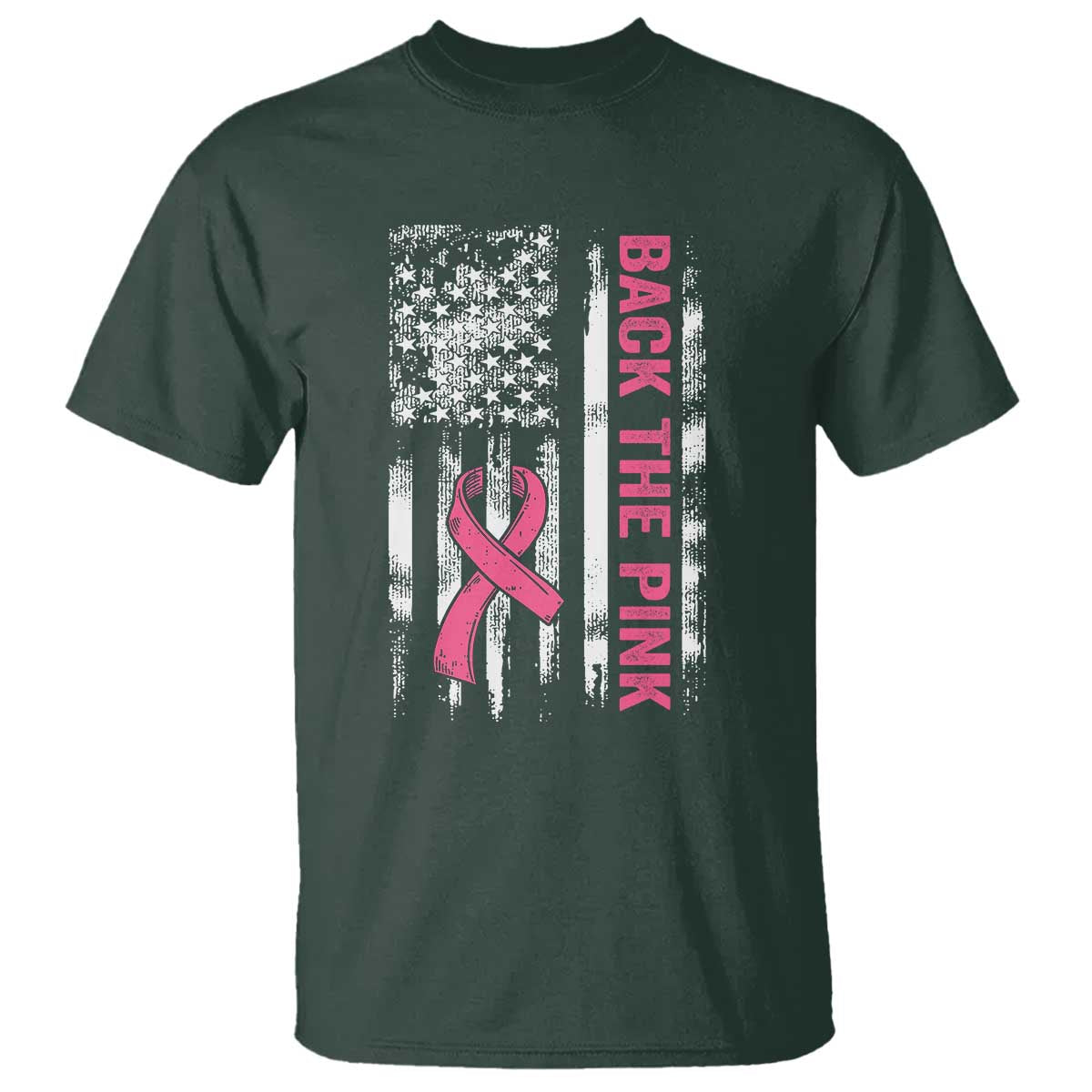 Back The Pink Ribbon Breast Cancer Awareness T Shirt American Flag TS10 Dark Forest Green Print Your Wear