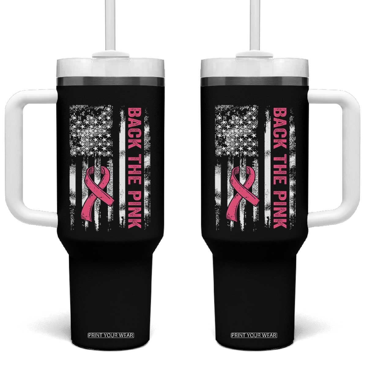 Back The Pink Ribbon Breast Cancer Awareness Tumbler With Handle American Flag TS10 One Size: 40 oz Black Print Your Wear