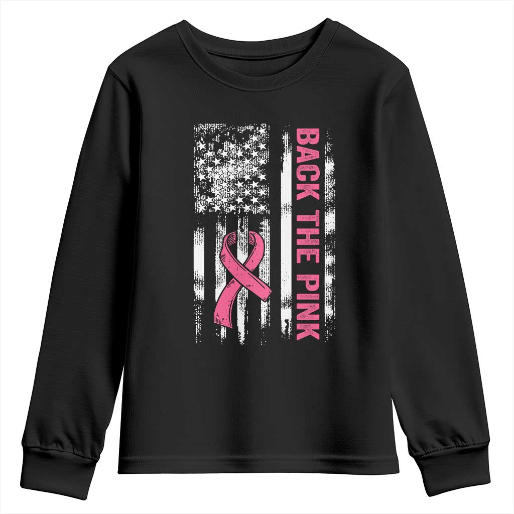 Back The Pink Ribbon Breast Cancer Awareness Youth Sweatshirt American Flag - Print Your Wear