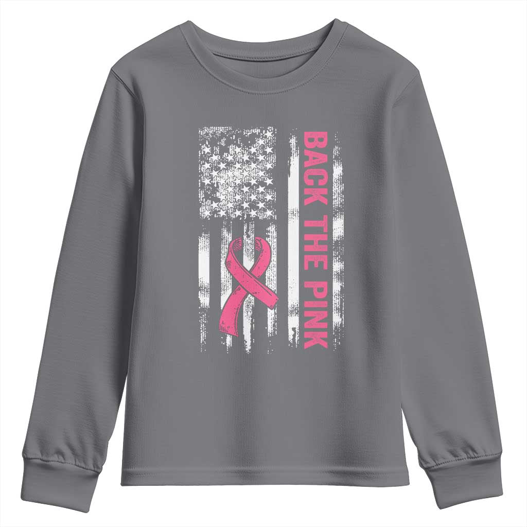 Back The Pink Ribbon Breast Cancer Awareness Youth Sweatshirt American Flag TS10 Charcoal Print Your Wear