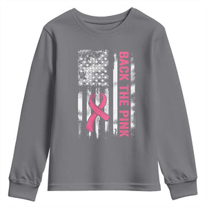 Back The Pink Ribbon Breast Cancer Awareness Youth Sweatshirt American Flag TS10 Charcoal Print Your Wear