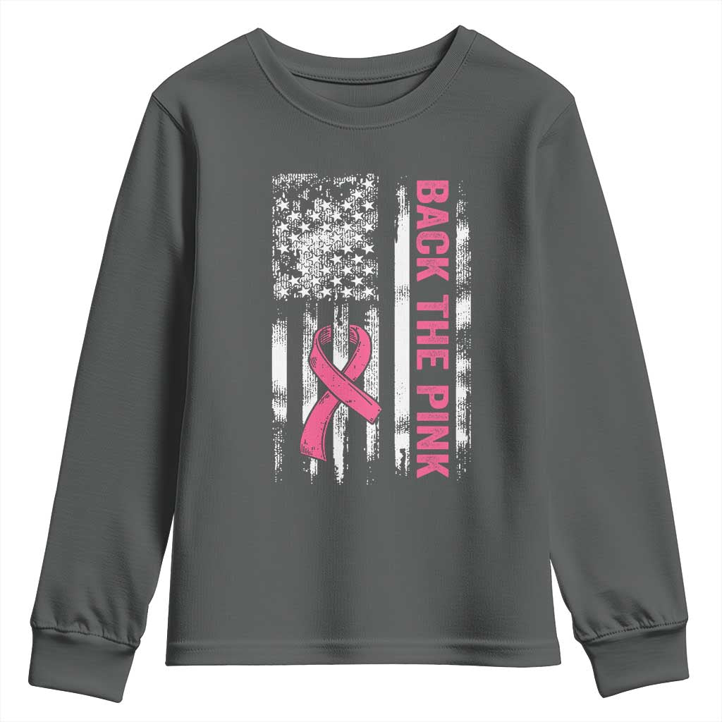 Back The Pink Ribbon Breast Cancer Awareness Youth Sweatshirt American Flag TS10 Dark Heather Print Your Wear