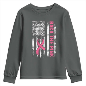 Back The Pink Ribbon Breast Cancer Awareness Youth Sweatshirt American Flag TS10 Dark Heather Print Your Wear