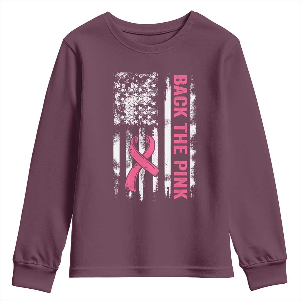 Back The Pink Ribbon Breast Cancer Awareness Youth Sweatshirt American Flag TS10 Maroon Print Your Wear