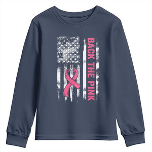 Back The Pink Ribbon Breast Cancer Awareness Youth Sweatshirt American Flag TS10 Navy Print Your Wear
