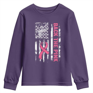 Back The Pink Ribbon Breast Cancer Awareness Youth Sweatshirt American Flag TS10 Purple Print Your Wear