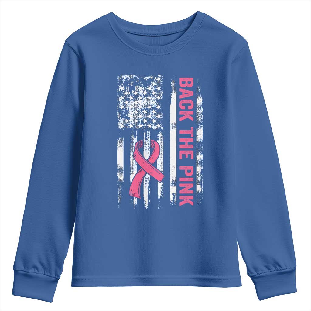 Back The Pink Ribbon Breast Cancer Awareness Youth Sweatshirt American Flag TS10 Royal Blue Print Your Wear