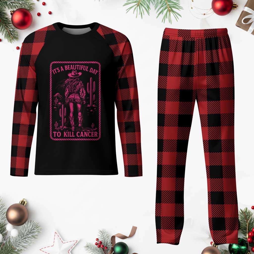 Cowgirl Breast Cancer Plaid Pajama Set Beautiful Day To Kill Cancer Vintage Western Pink TS10 Buffalo Plaid Print Your Wear
