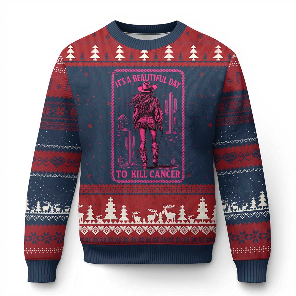 Cowgirl Breast Cancer Ugly Christmas Sweater Beautiful Day To Kill Cancer Vintage Western Pink TS10 Navy Red Print Your Wear