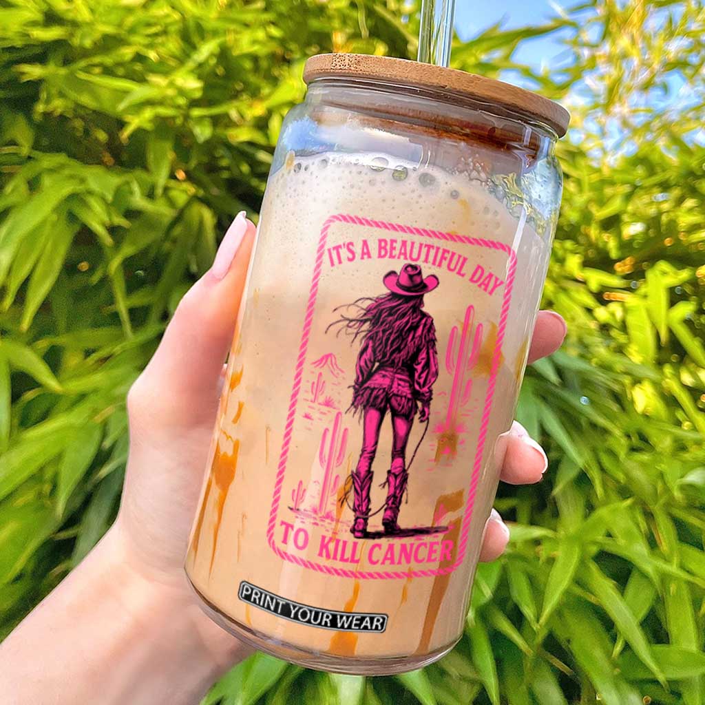 Cowgirl Breast Cancer Glass Can Beautiful Day To Kill Cancer Vintage Western Pink TS10 Black Print Your Wear