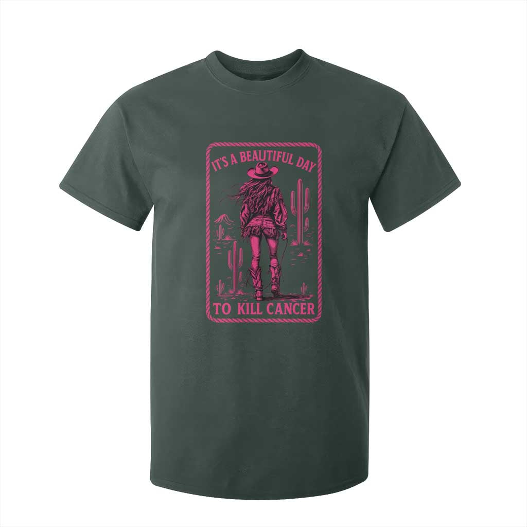 Cowgirl Breast Cancer T Shirt For Kid Beautiful Day To Kill Cancer Vintage Western Pink TS10 Dark Forest Green Print Your Wear