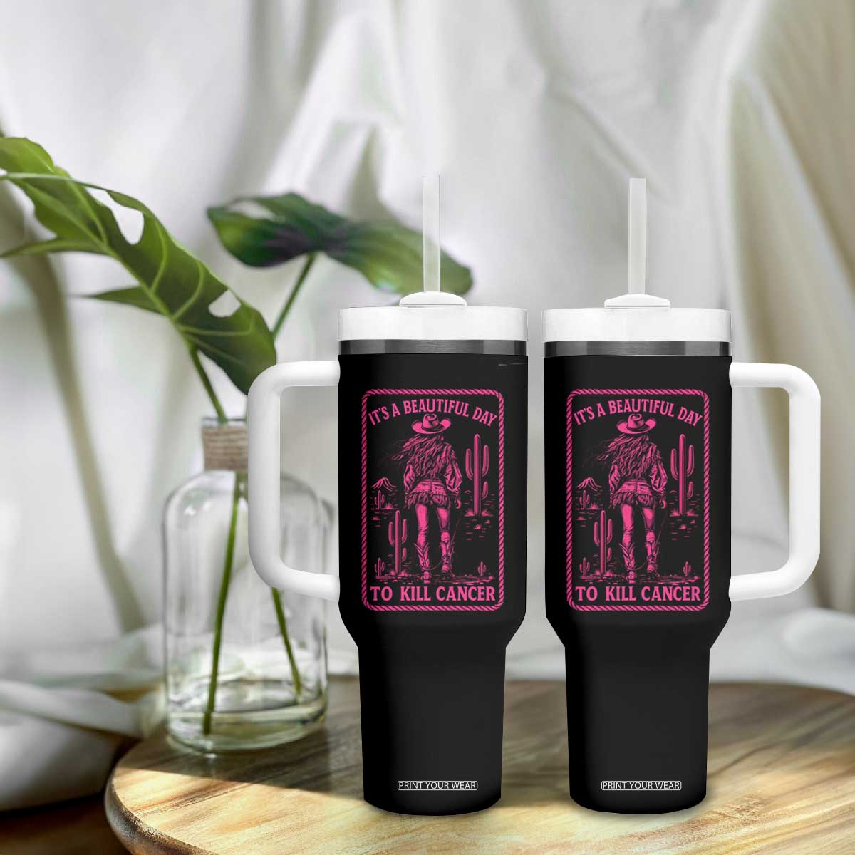 Cowgirl Breast Cancer Tumbler With Handle Beautiful Day To Kill Cancer Vintage Western Pink TS10 Print Your Wear