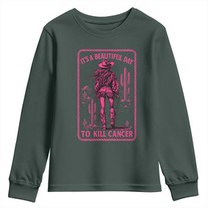 Cowgirl Breast Cancer Youth Sweatshirt Beautiful Day To Kill Cancer Vintage Western Pink TS10 Dark Forest Green Print Your Wear
