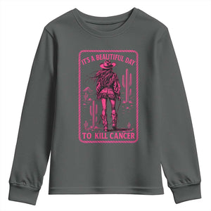 Cowgirl Breast Cancer Youth Sweatshirt Beautiful Day To Kill Cancer Vintage Western Pink TS10 Dark Heather Print Your Wear