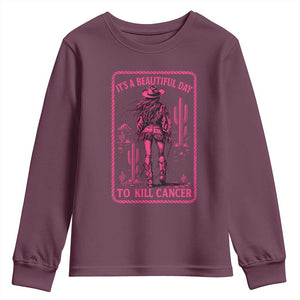 Cowgirl Breast Cancer Youth Sweatshirt Beautiful Day To Kill Cancer Vintage Western Pink TS10 Maroon Print Your Wear