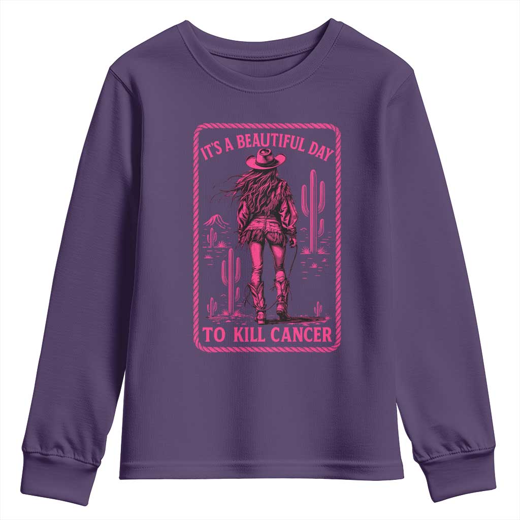 Cowgirl Breast Cancer Youth Sweatshirt Beautiful Day To Kill Cancer Vintage Western Pink TS10 Purple Print Your Wear
