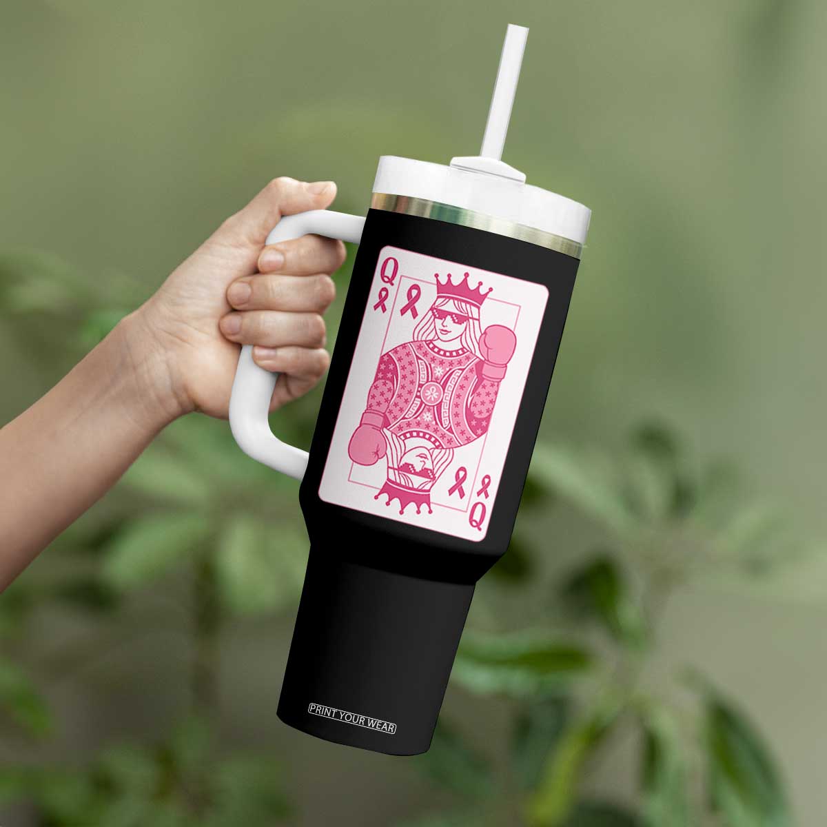 Breast Cancer Awareness Tumbler With Handle Queen Of Pink Ribbon Blackjack Cards Poker TS10 Print Your Wear