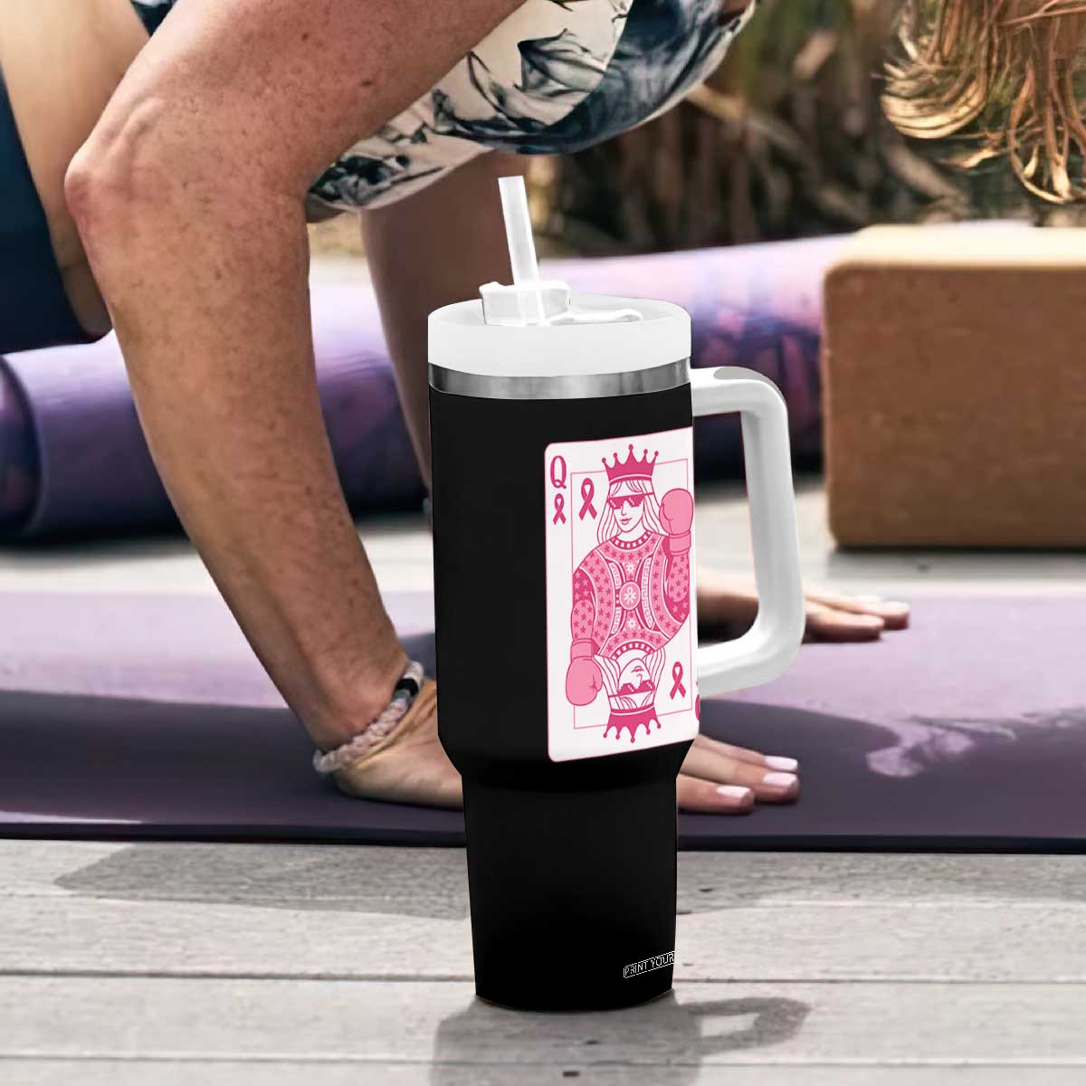 Breast Cancer Awareness Tumbler With Handle Queen Of Pink Ribbon Blackjack Cards Poker TS10 Print Your Wear