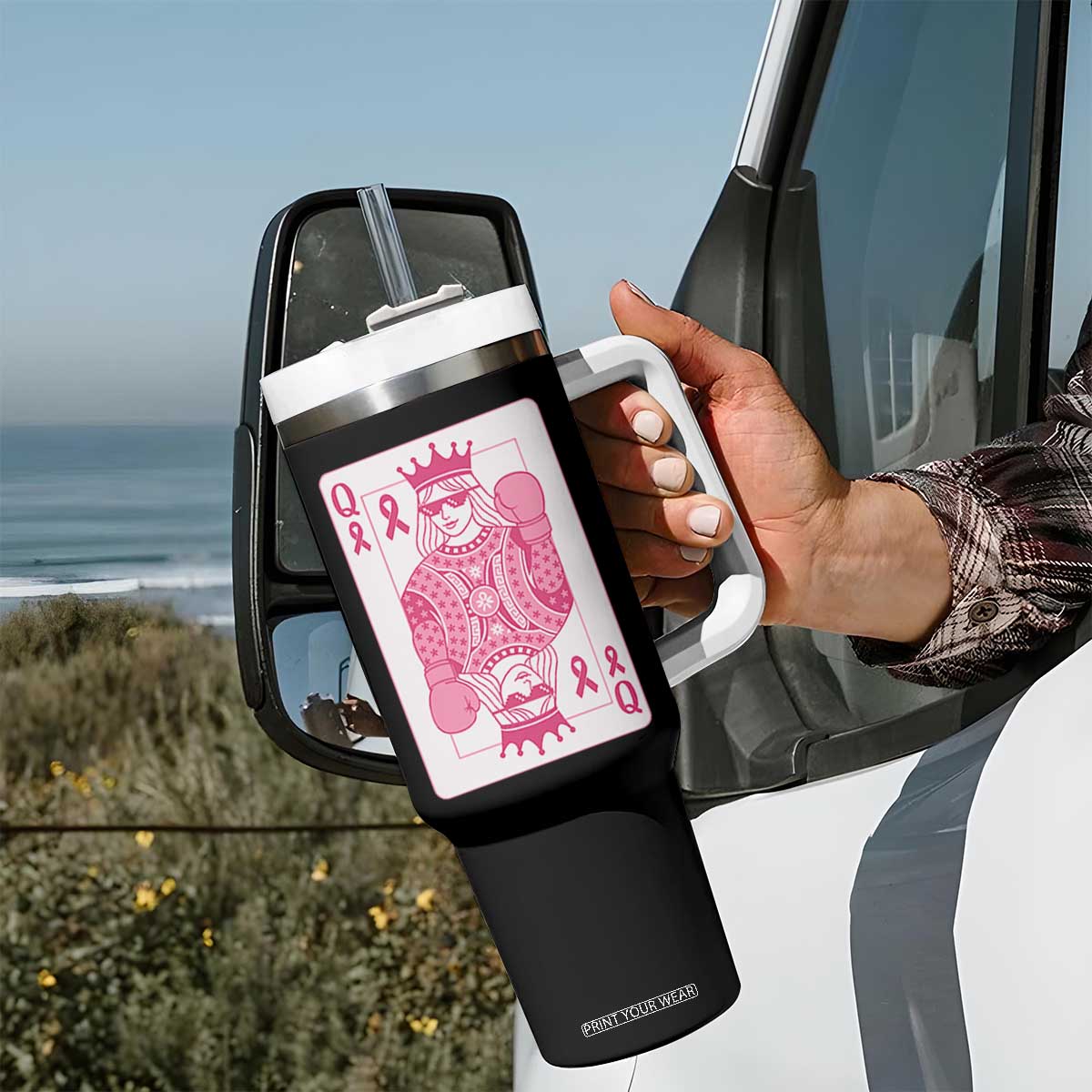 Breast Cancer Awareness Tumbler With Handle Queen Of Pink Ribbon Blackjack Cards Poker TS10 Print Your Wear