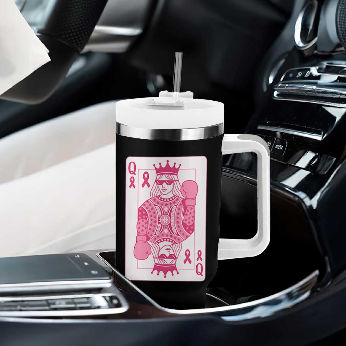 Breast Cancer Awareness Tumbler With Handle Queen Of Pink Ribbon Blackjack Cards Poker TS10 Print Your Wear