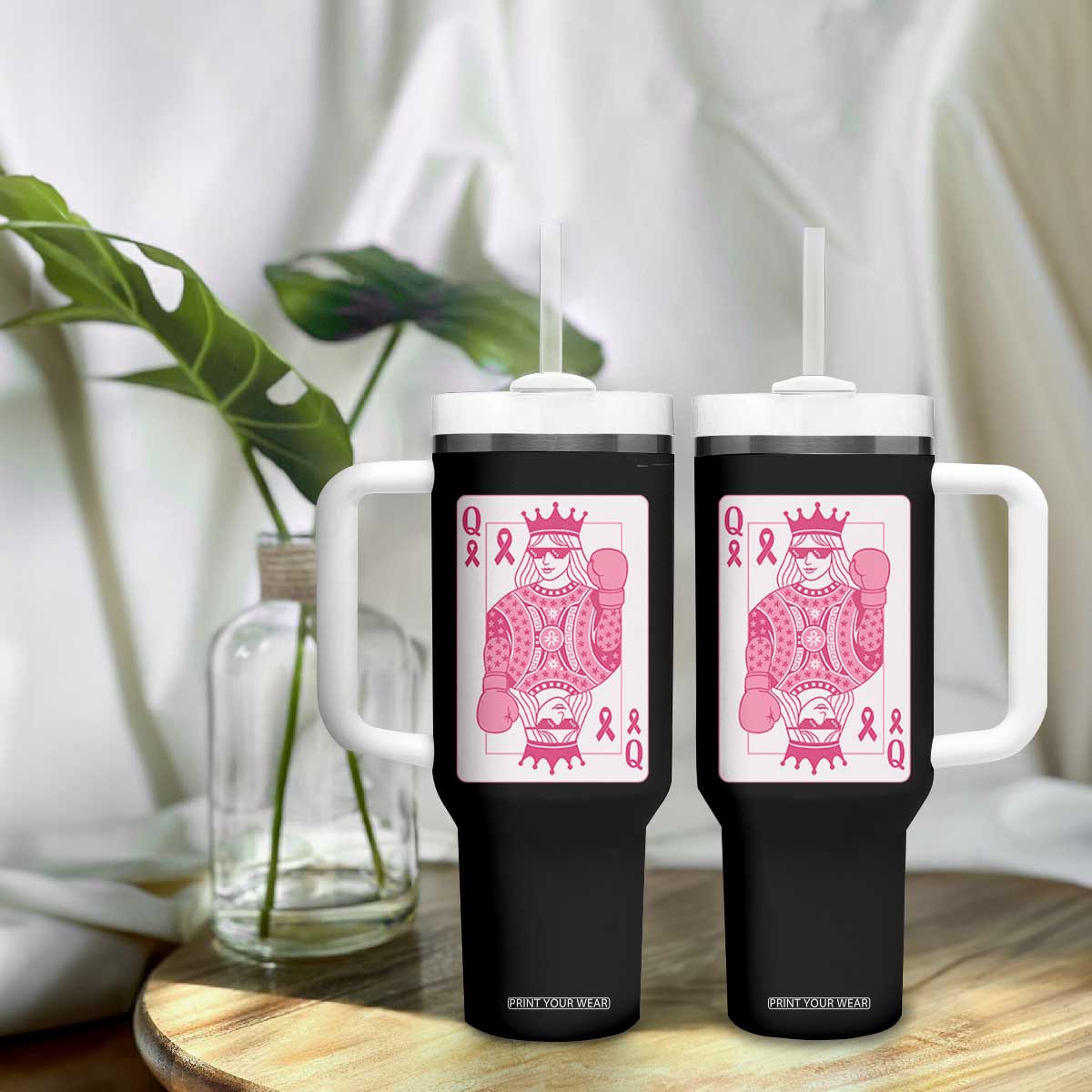 Breast Cancer Awareness Tumbler With Handle Queen Of Pink Ribbon Blackjack Cards Poker TS10 Print Your Wear