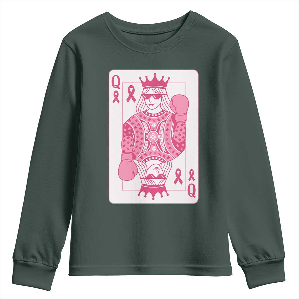 Breast Cancer Awareness Youth Sweatshirt Queen Of Pink Ribbon Blackjack Cards Poker TS10 Dark Forest Green Print Your Wear