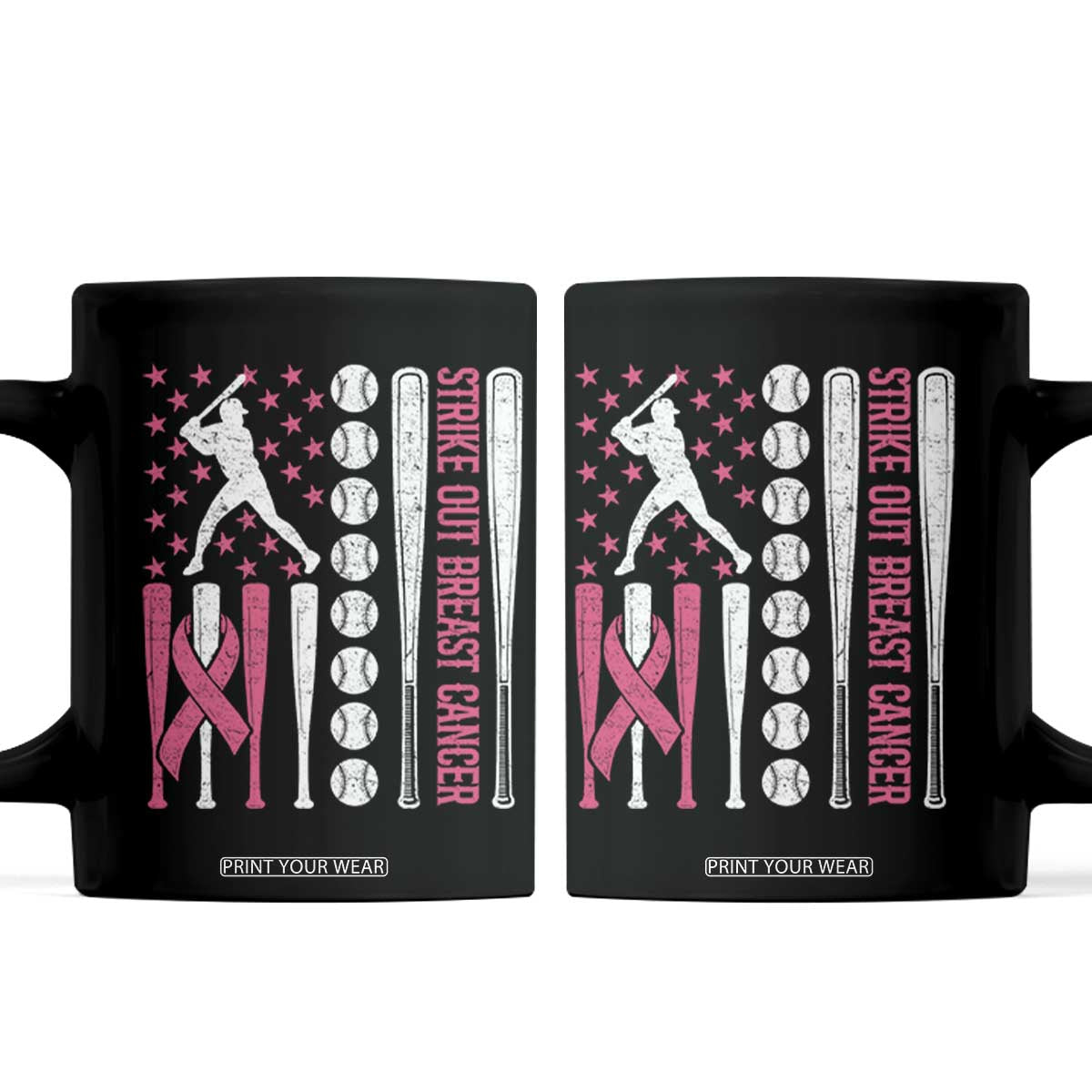 Baseball Breast Cancer Coffee Mug Pink Ribbon Strike Out Breast Cancer American Flag TS10 Black Print Your Wear
