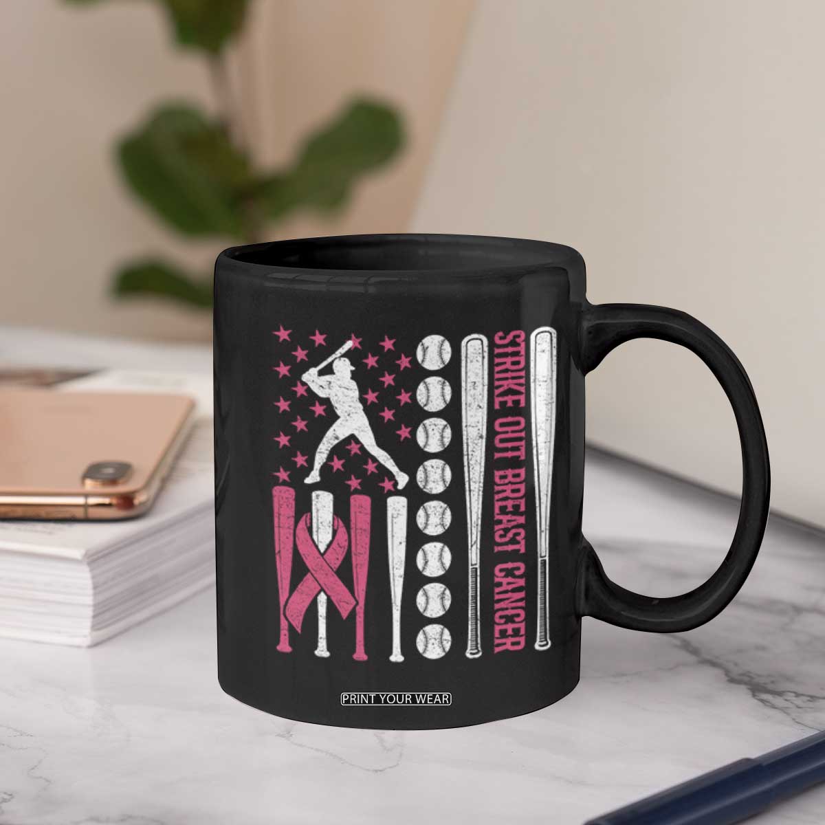 Baseball Breast Cancer Coffee Mug Pink Ribbon Strike Out Breast Cancer American Flag TS10 Print Your Wear