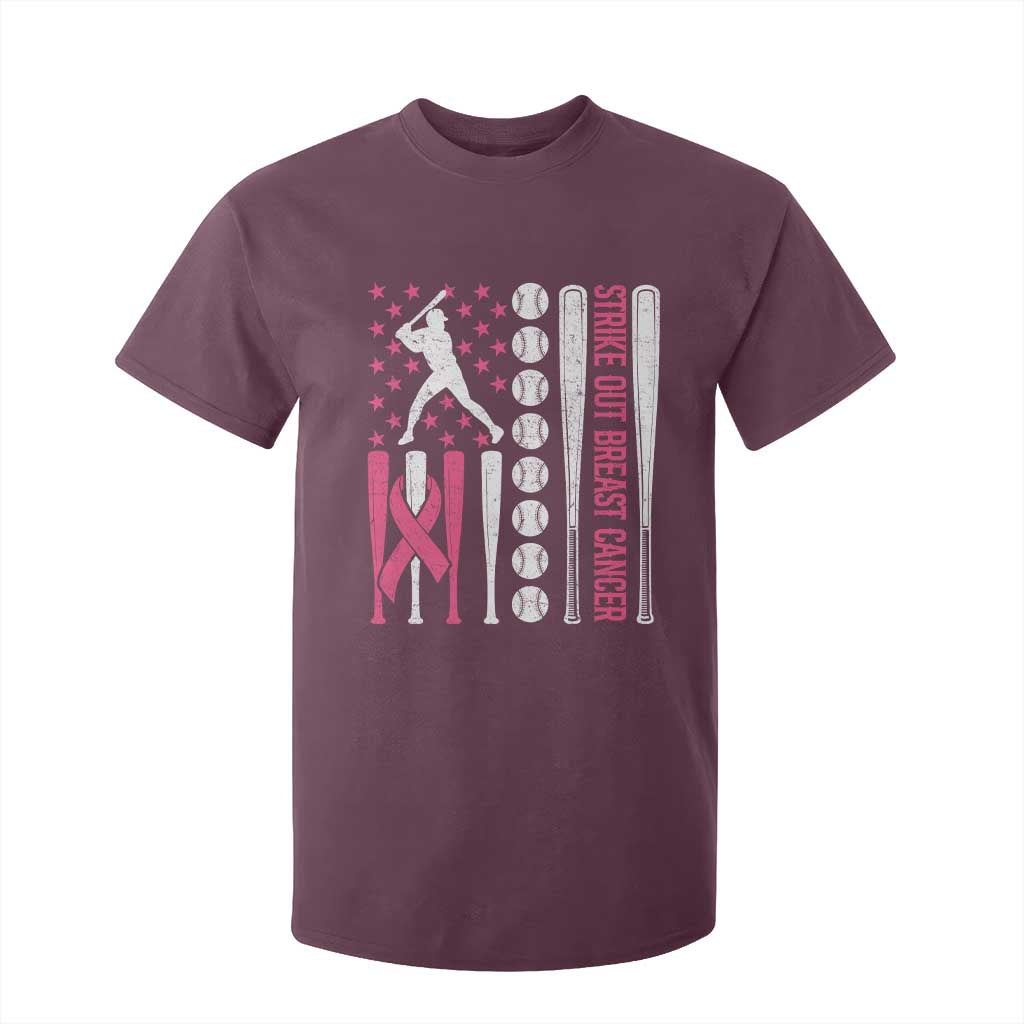 Baseball Breast Cancer T Shirt For Kid Pink Ribbon Strike Out Breast Cancer American Flag TS10 Maroon Print Your Wear