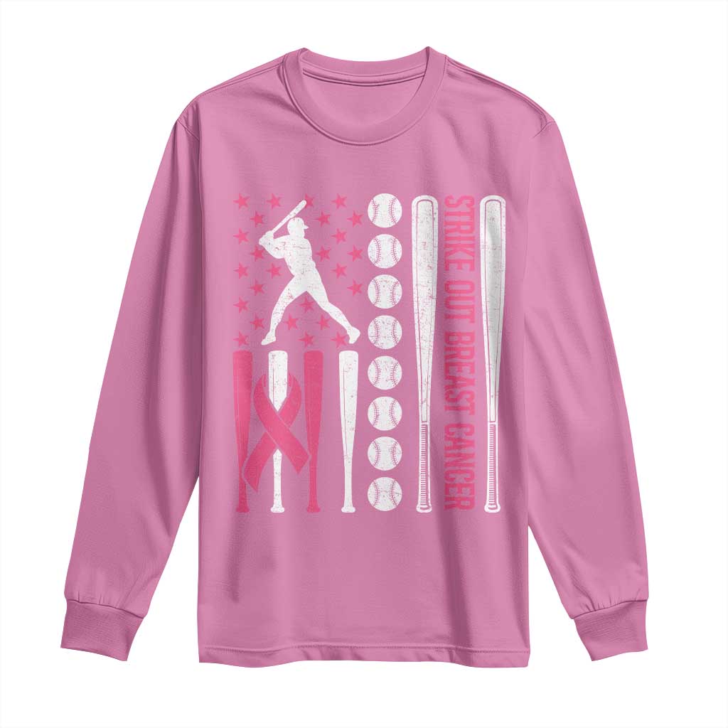 Baseball Breast Cancer Long Sleeve Shirt Pink Ribbon Strike Out Breast Cancer American Flag TS10 Azalea Print Your Wear