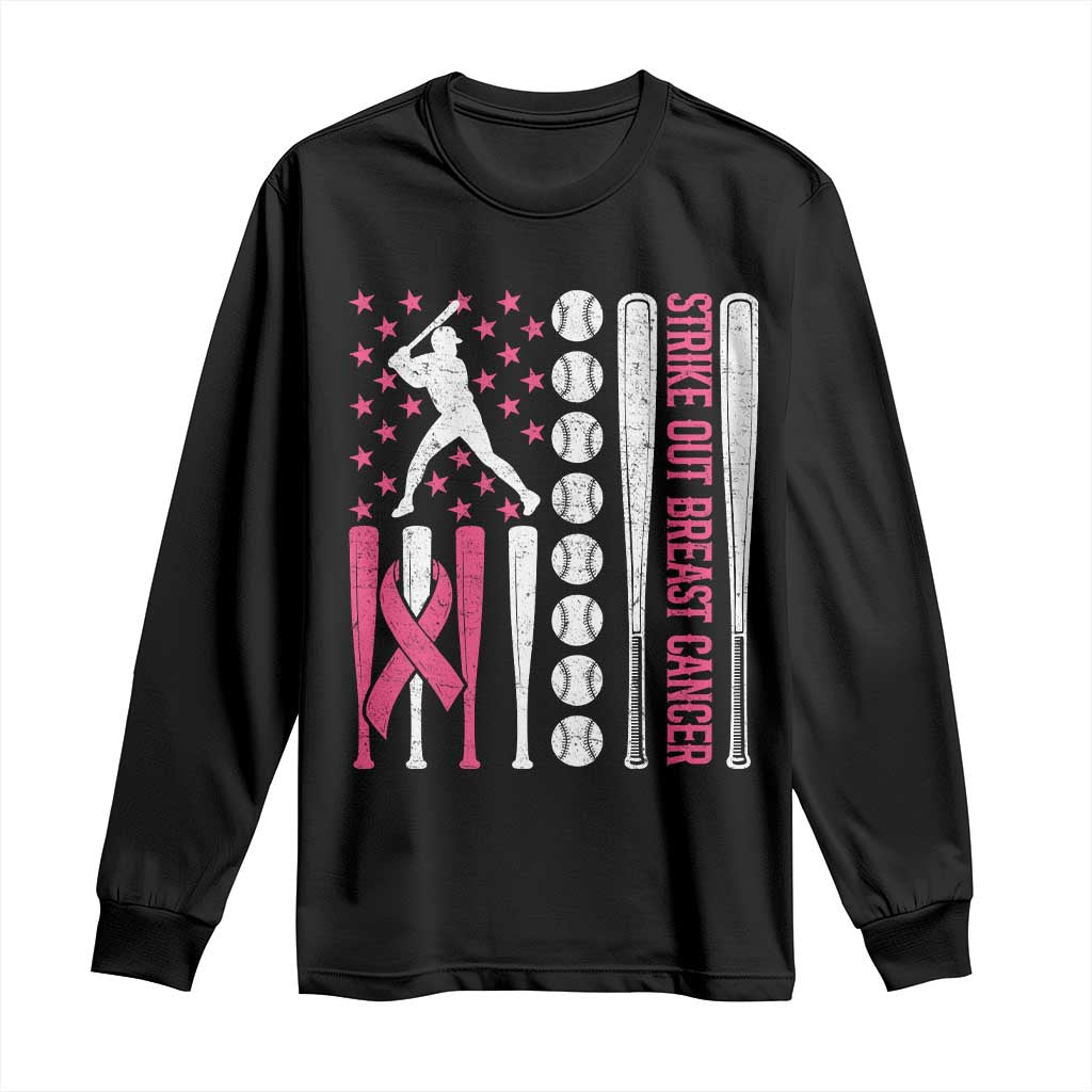 Baseball Breast Cancer Long Sleeve Shirt Pink Ribbon Strike Out Breast Cancer American Flag TS10 Black Print Your Wear