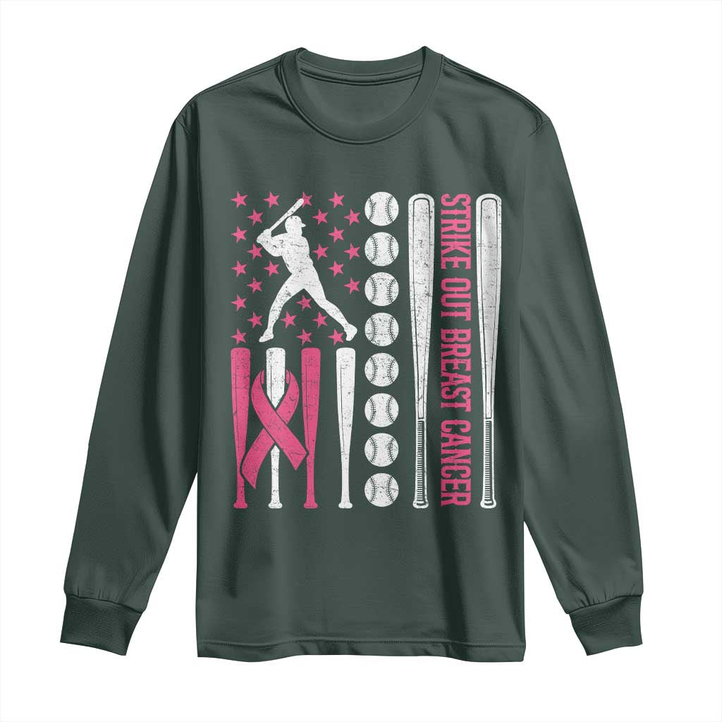 Baseball Breast Cancer Long Sleeve Shirt Pink Ribbon Strike Out Breast Cancer American Flag TS10 Dark Forest Green Print Your Wear