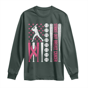 Baseball Breast Cancer Long Sleeve Shirt Pink Ribbon Strike Out Breast Cancer American Flag TS10 Dark Forest Green Print Your Wear