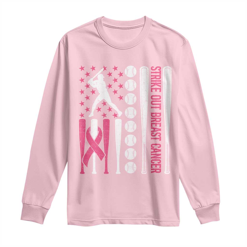 Baseball Breast Cancer Long Sleeve Shirt Pink Ribbon Strike Out Breast Cancer American Flag TS10 Light Pink Print Your Wear