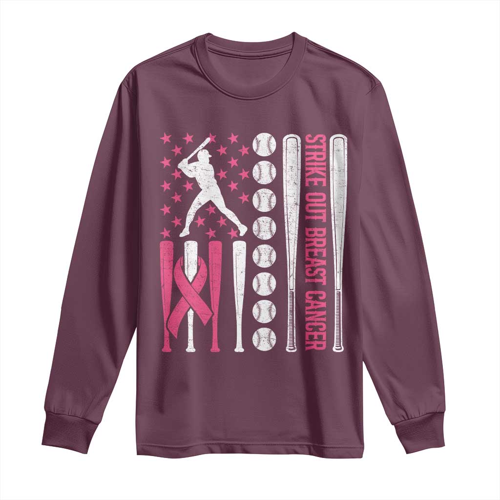 Baseball Breast Cancer Long Sleeve Shirt Pink Ribbon Strike Out Breast Cancer American Flag TS10 Maroon Print Your Wear
