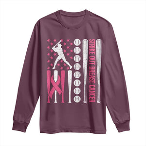 Baseball Breast Cancer Long Sleeve Shirt Pink Ribbon Strike Out Breast Cancer American Flag TS10 Maroon Print Your Wear