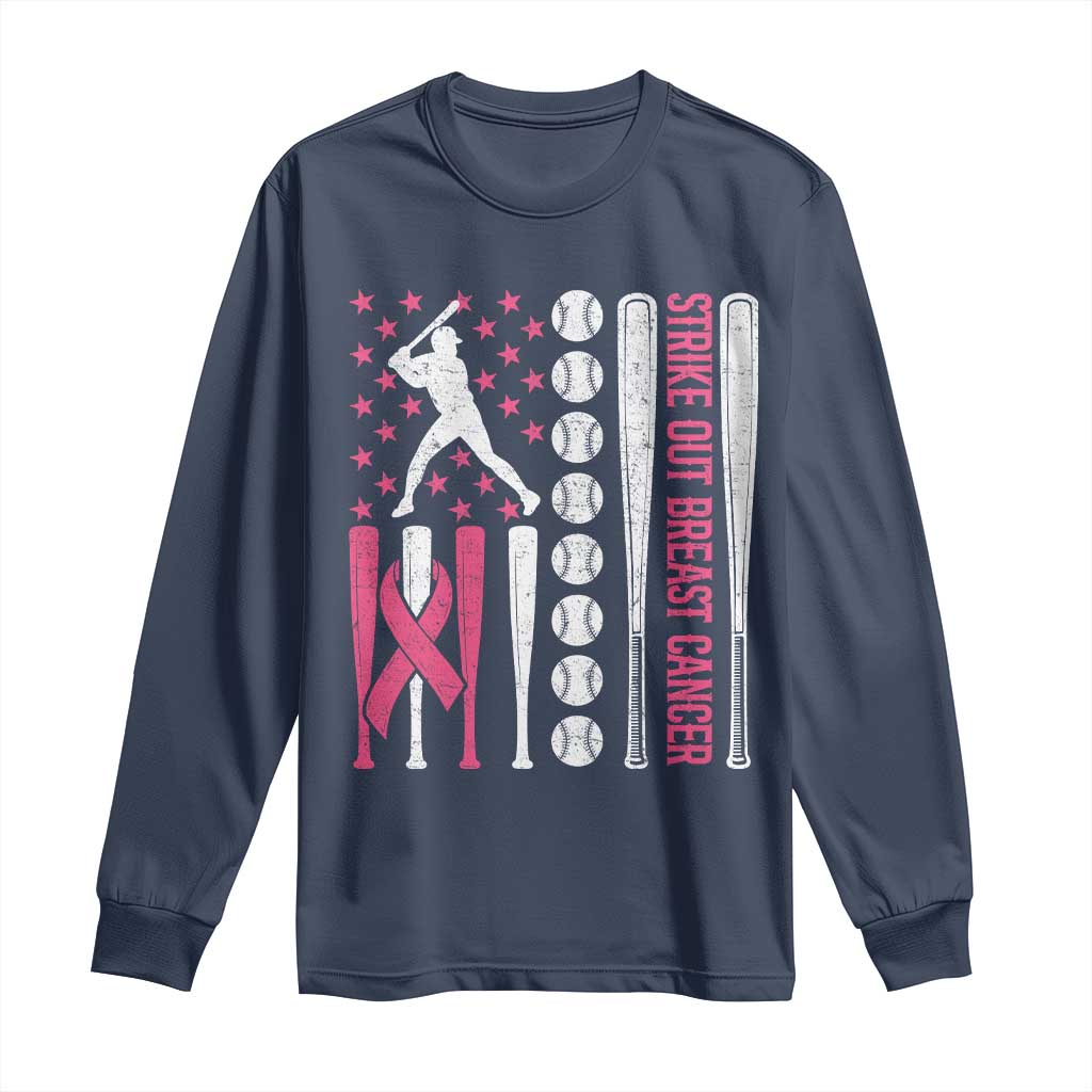 Baseball Breast Cancer Long Sleeve Shirt Pink Ribbon Strike Out Breast Cancer American Flag TS10 Navy Print Your Wear