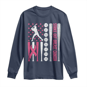 Baseball Breast Cancer Long Sleeve Shirt Pink Ribbon Strike Out Breast Cancer American Flag TS10 Navy Print Your Wear