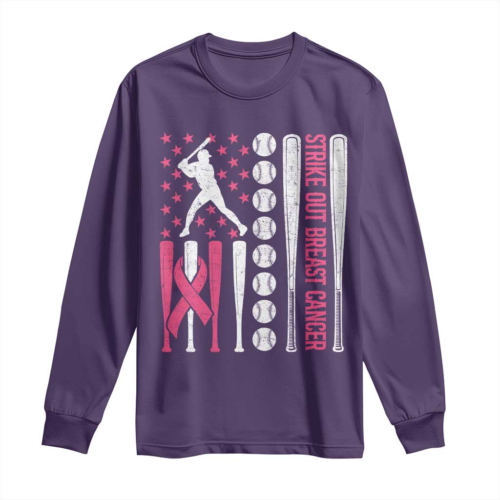 Baseball Breast Cancer Long Sleeve Shirt Pink Ribbon Strike Out Breast Cancer American Flag TS10 Purple Print Your Wear