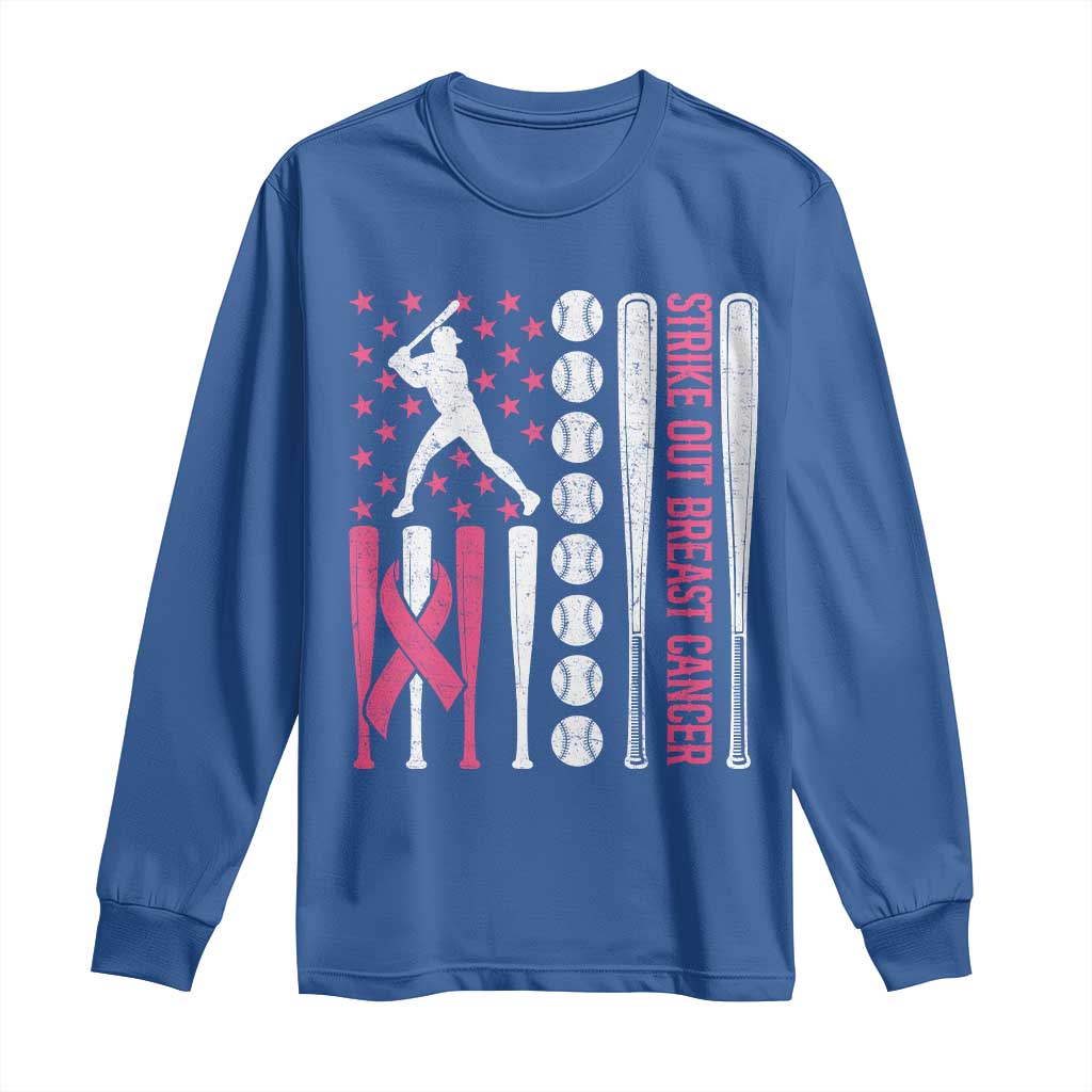Baseball Breast Cancer Long Sleeve Shirt Pink Ribbon Strike Out Breast Cancer American Flag TS10 Royal Blue Print Your Wear