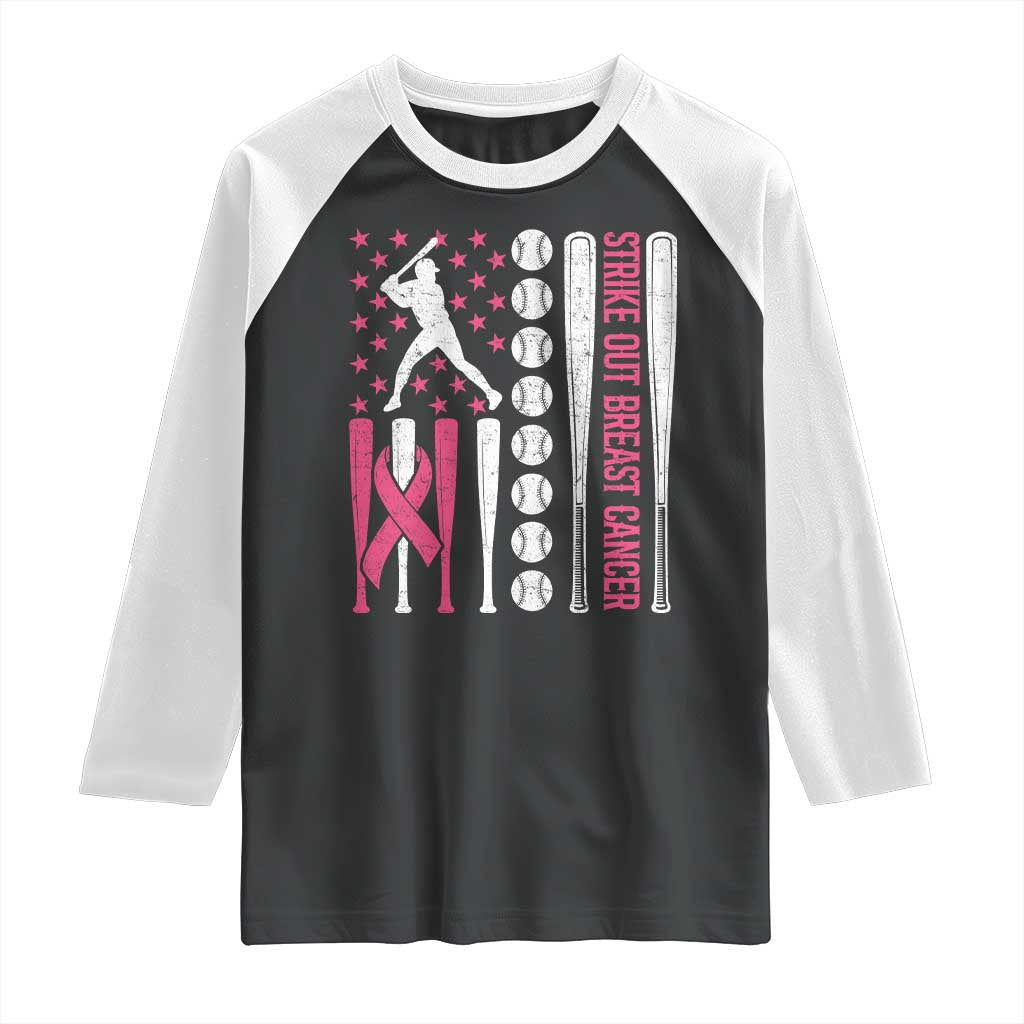 Baseball Breast Cancer Raglan Shirt Pink Ribbon Strike Out Breast Cancer American Flag TS10 Black White Print Your Wear