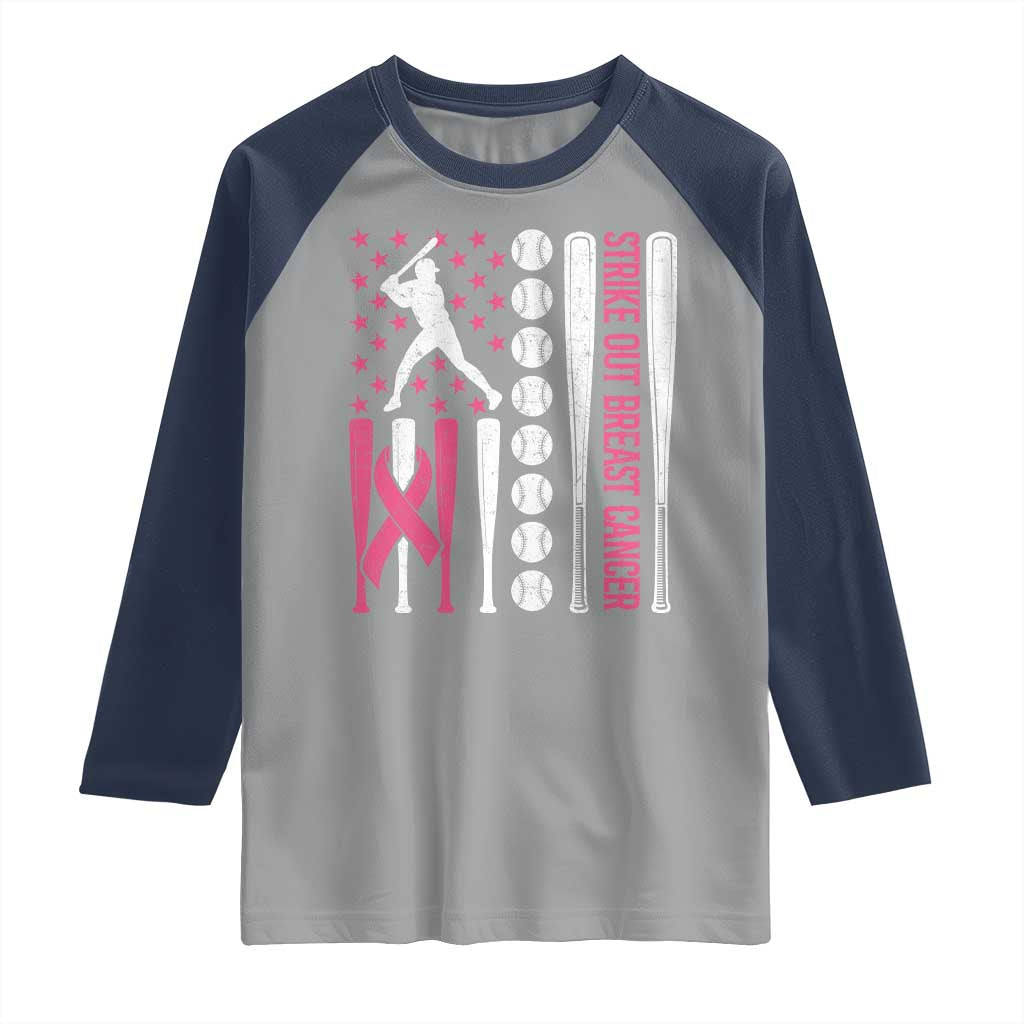 Baseball Breast Cancer Raglan Shirt Pink Ribbon Strike Out Breast Cancer American Flag TS10 Sport Gray Navy Print Your Wear