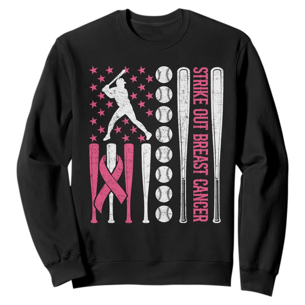 Baseball Breast Cancer Sweatshirt Pink Ribbon Strike Out Breast Cancer American Flag TS10 Black Print Your Wear