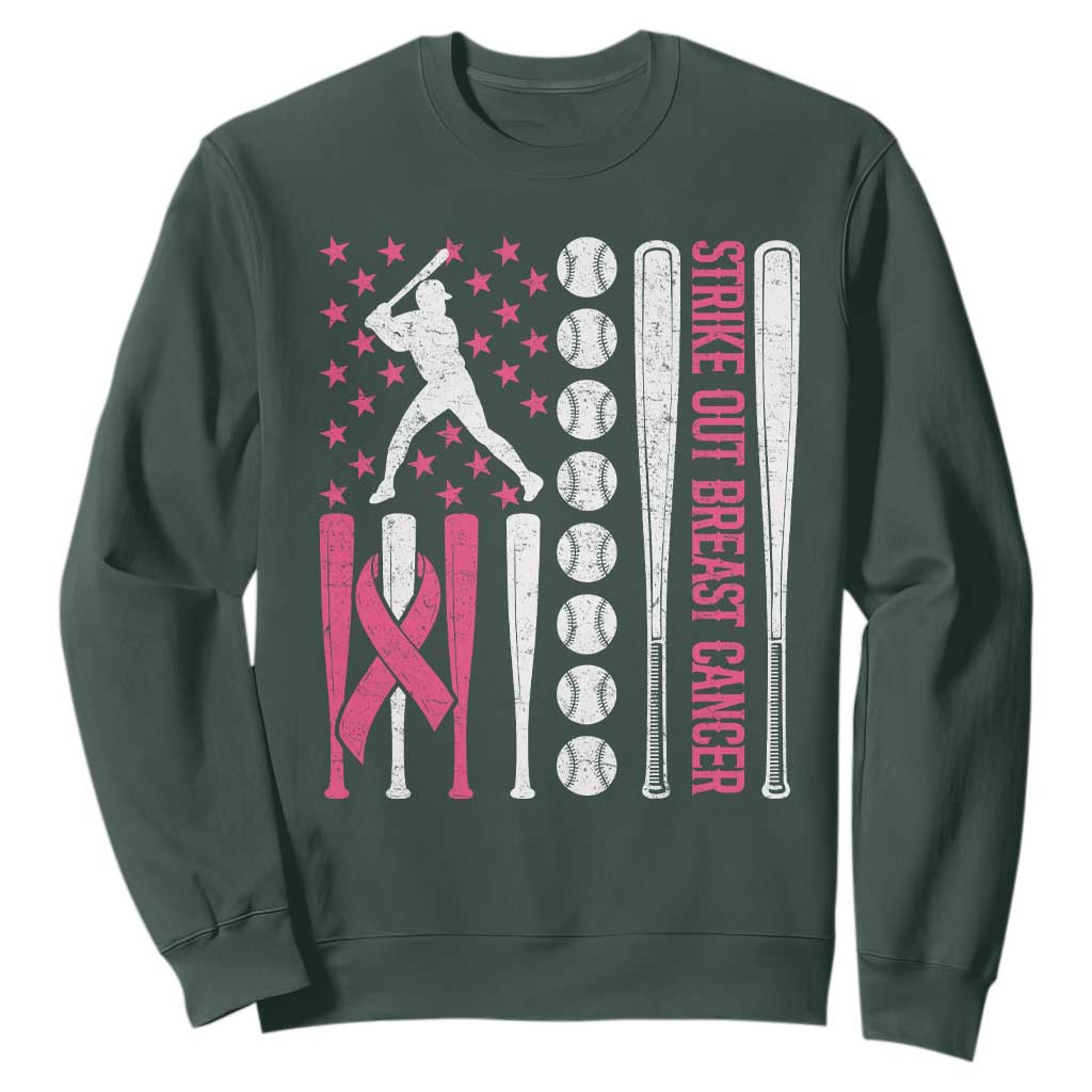 Baseball Breast Cancer Sweatshirt Pink Ribbon Strike Out Breast Cancer American Flag TS10 Dark Forest Green Print Your Wear