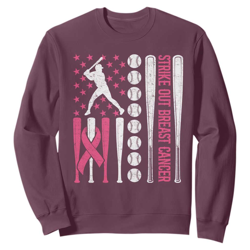 Baseball Breast Cancer Sweatshirt Pink Ribbon Strike Out Breast Cancer American Flag TS10 Maroon Print Your Wear