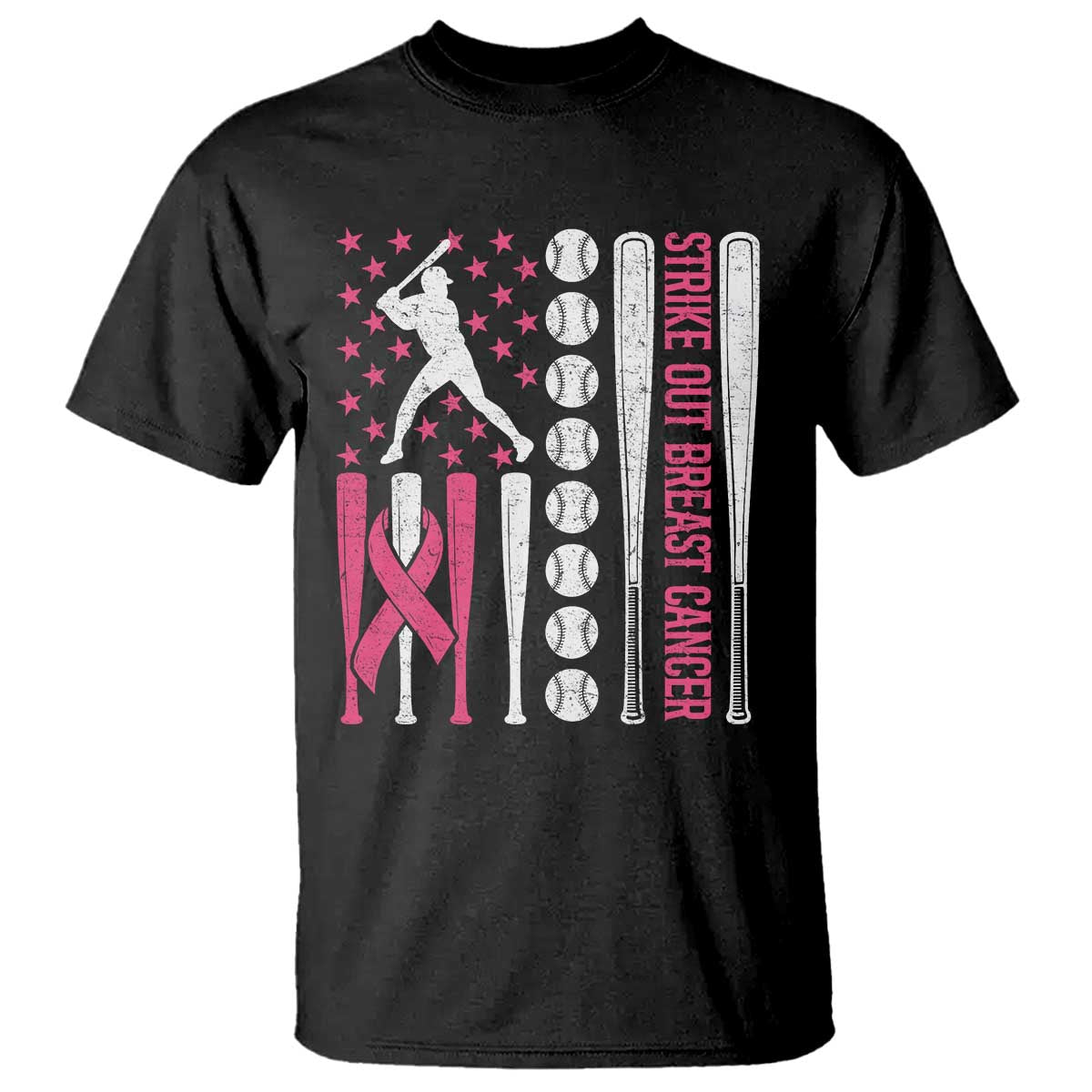 Baseball Breast Cancer T Shirt Pink Ribbon Strike Out Breast Cancer American Flag TS10 Black Print Your Wear