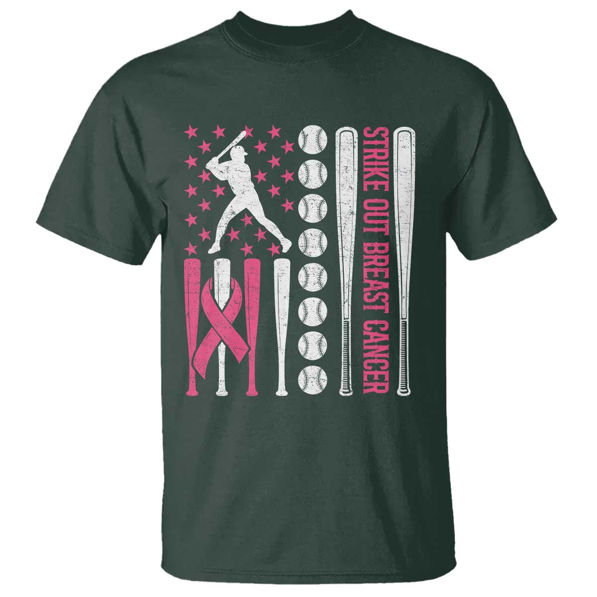 Baseball Breast Cancer T Shirt Pink Ribbon Strike Out Breast Cancer American Flag TS10 Dark Forest Green Print Your Wear