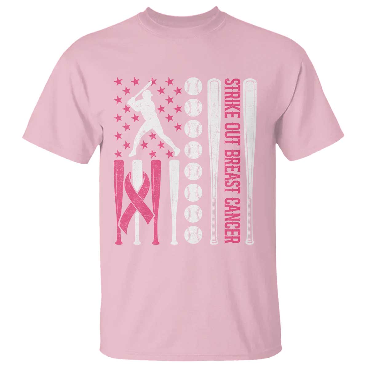 Baseball Breast Cancer T Shirt Pink Ribbon Strike Out Breast Cancer American Flag TS10 Light Pink Print Your Wear