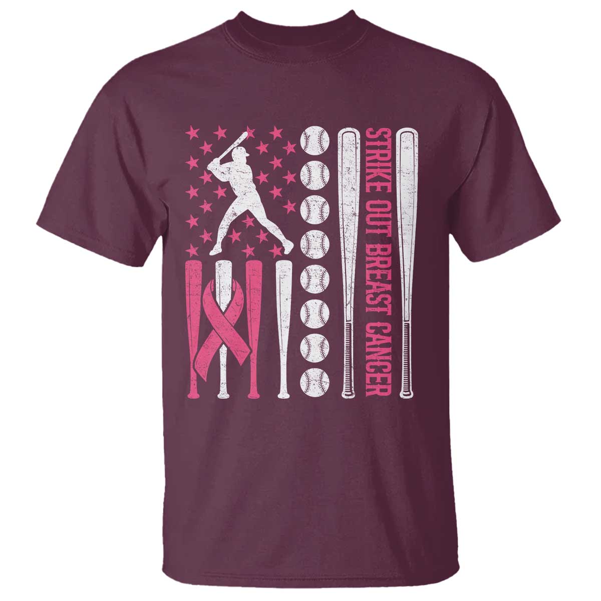 Baseball Breast Cancer T Shirt Pink Ribbon Strike Out Breast Cancer American Flag TS10 Maroon Print Your Wear